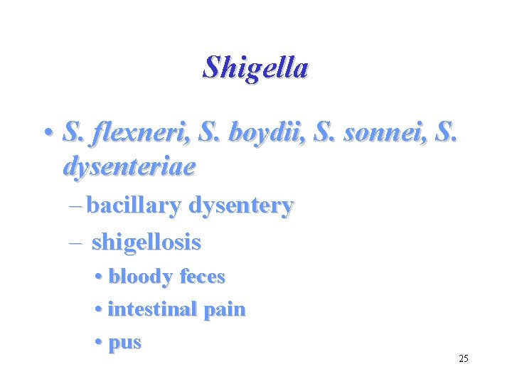 Shigella • S. flexneri, S. boydii, S. sonnei, S. dysenteriae – bacillary dysentery –