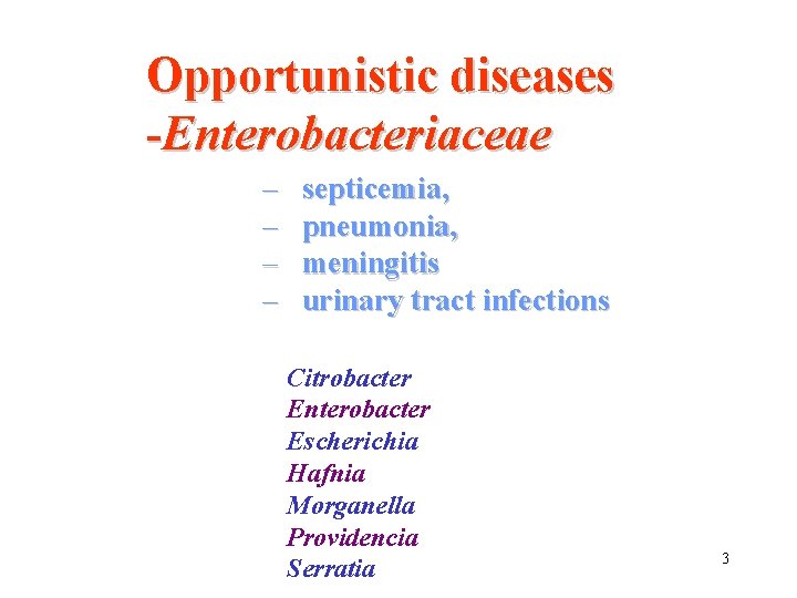 Opportunistic diseases -Enterobacteriaceae – – septicemia, pneumonia, meningitis urinary tract infections Citrobacter Enterobacter Escherichia