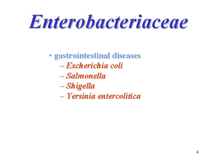Enterobacteriaceae • gastrointestinal diseases – Escherichia coli – Salmonella – Shigella – Yersinia entercolitica