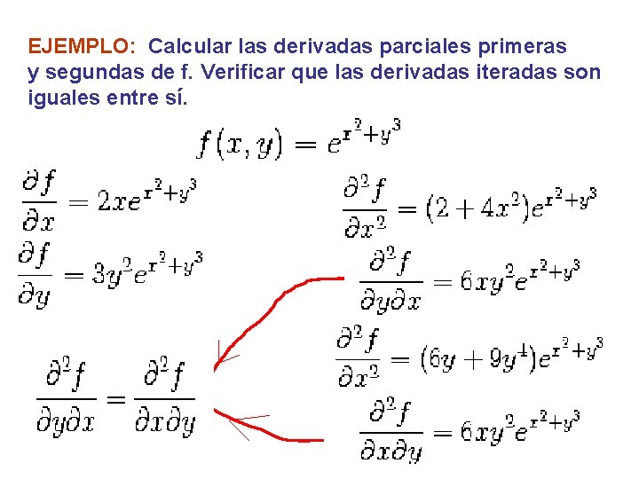 EJEMPLO: Calcular las derivadas parciales primeras y segundas de f. Verificar que las derivadas