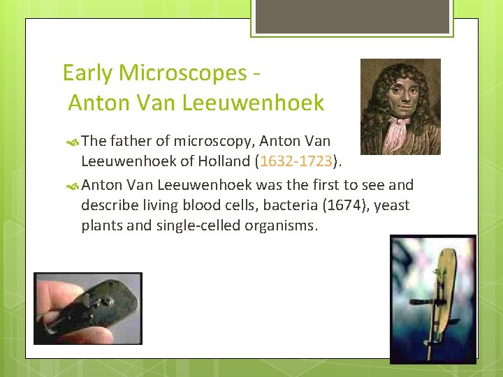 Early Microscopes Anton Van Leeuwenhoek The father of microscopy, Anton Van Leeuwenhoek of Holland