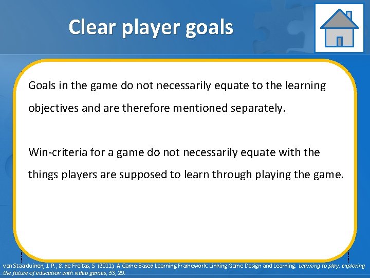 Clear player goals Learning Assessment Instruction Goals in the game do not necessarily equate