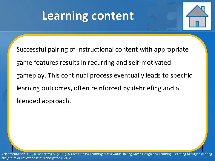 Learning content Learning Assessment Instruction Successful pairing of instructional content with appropriate Learning GAME