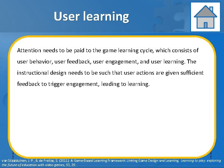 User learning Learning Assessment Instruction Attention needs to be paid to the game learning