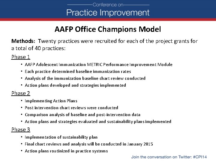 AAFP Office Champions Model Methods: Twenty practices were recruited for each of the project