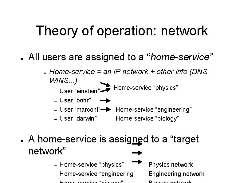 Theory of operation: network ● All users are assigned to a “home-service” ● Home-service