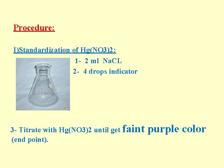Procedure: I)Standardization of Hg(NO 3)2: 1 - 2 ml Na. CL 2 - 4