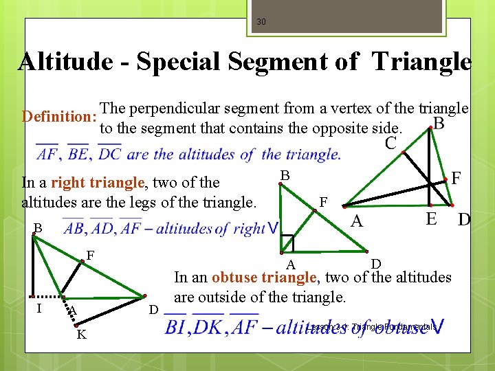 30 Altitude - Special Segment of Triangle Definition: The perpendicular segment from a vertex