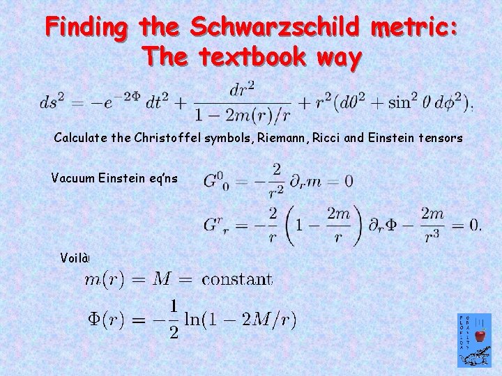 Finding the Schwarzschild metric: The textbook way Calculate the Christoffel symbols, Riemann, Ricci and