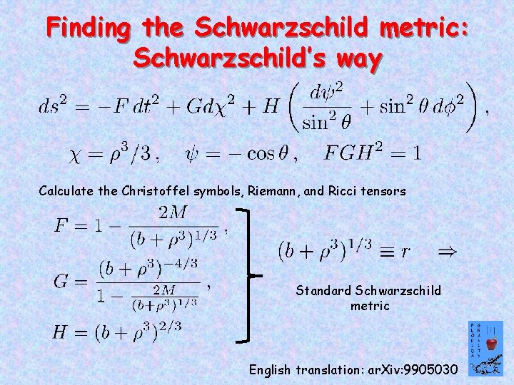 Finding the Schwarzschild metric: Schwarzschild’s way Calculate the Christoffel symbols, Riemann, and Ricci tensors