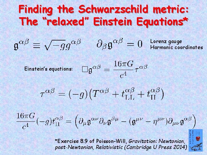 Finding the Schwarzschild metric: The “relaxed” Einstein Equations* Lorenz gauge Harmonic coordinates Einstein’s equations: