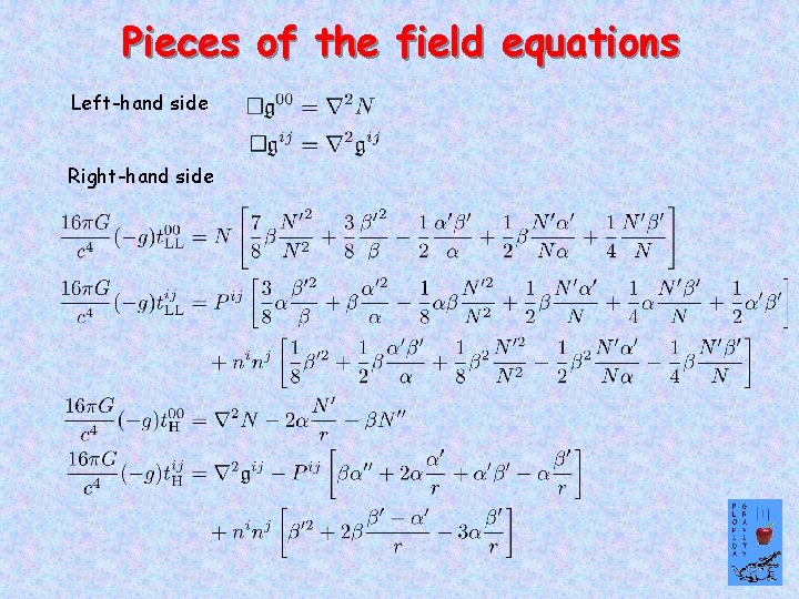 Pieces of the field equations Left-hand side Right-hand side 