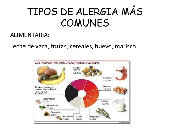 TIPOS DE ALERGIA MÁS COMUNES ALIMENTARIA: Leche de vaca, frutas, cereales, huevo, marisco…… 