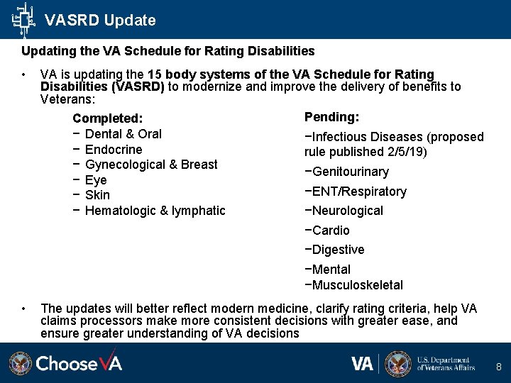 VASRD Update Updating the VA Schedule for Rating Disabilities • VA is updating the