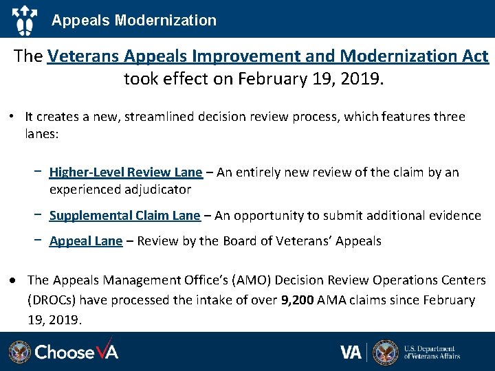 Appeals Modernization The Veterans Appeals Improvement and Modernization Act took effect on February 19,