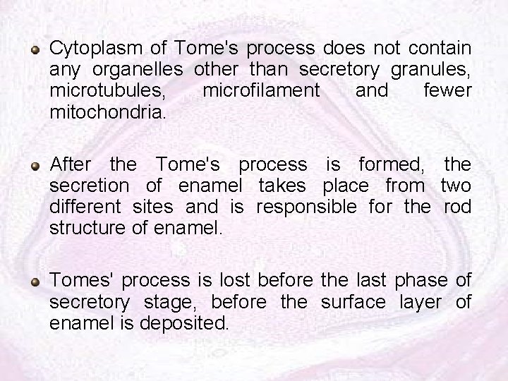 Cytoplasm of Tome's process does not contain any organelles other than secretory granules, microtubules,