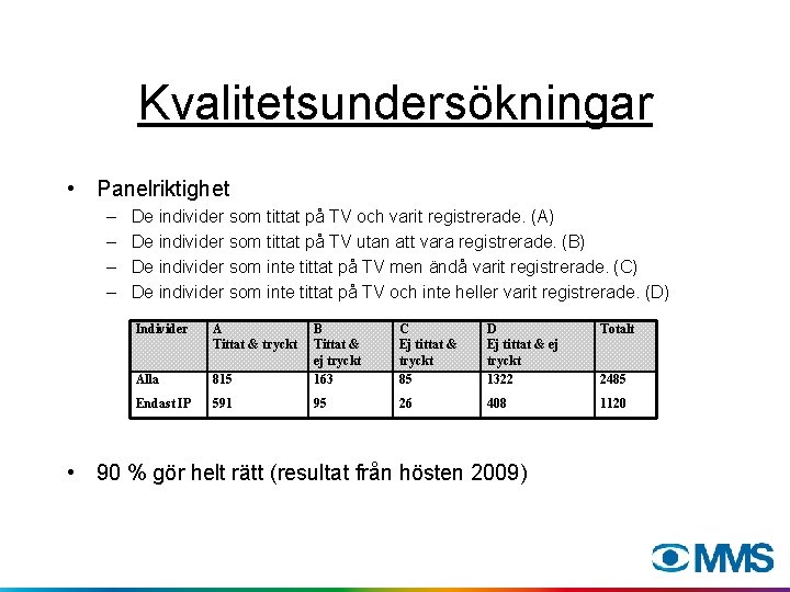 Kvalitetsundersökningar • Panelriktighet – – De individer som tittat på TV och varit registrerade.