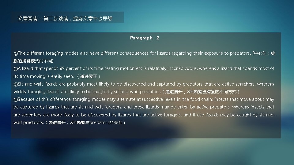 文章阅读---第二步跳读，提炼文章中心思想 Paragraph 2 ①The different foraging modes also have different consequences for lizards regarding