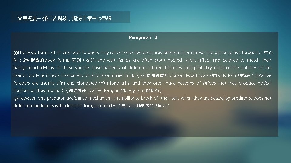 文章阅读---第二步跳读，提炼文章中心思想 Paragraph 3 ①The body forms of sit-and-wait foragers may reflect selective pressures different