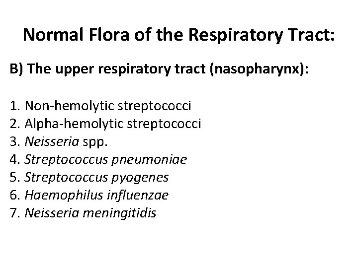 Normal Flora of the Respiratory Tract: B) The upper respiratory tract (nasopharynx): 1. Non-hemolytic Normal Flora of the Respiratory Tract: B) The upper respiratory tract (nasopharynx): 1. Non-hemolytic