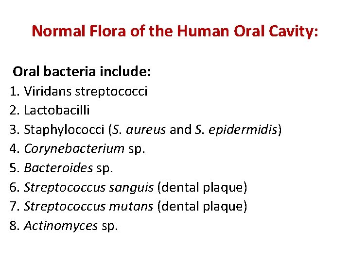 Normal Flora of the Human Oral Cavity: Oral bacteria include: 1. Viridans streptococci 2.