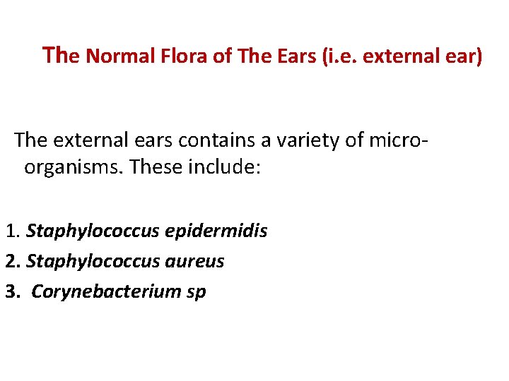 The Normal Flora of The Ears (i. e. external ear) The external ears contains