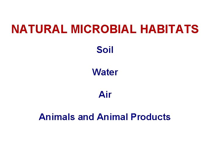 NATURAL MICROBIAL HABITATS Soil Water Air Animals and Animal Products 