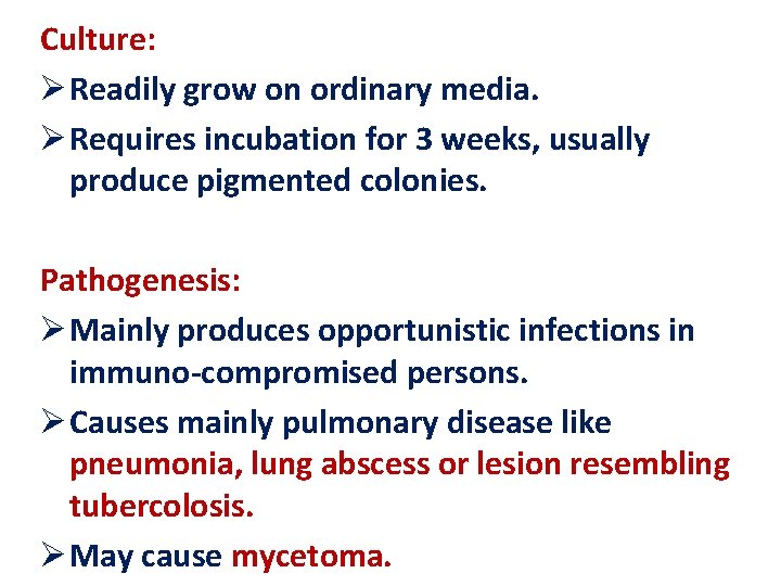 Culture: Ø Readily grow on ordinary media. Ø Requires incubation for 3 weeks, usually Culture: Ø Readily grow on ordinary media. Ø Requires incubation for 3 weeks, usually