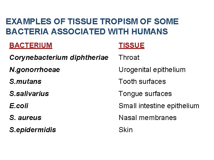 EXAMPLES OF TISSUE TROPISM OF SOME BACTERIA ASSOCIATED WITH HUMANS BACTERIUM TISSUE Corynebacterium diphtheriae