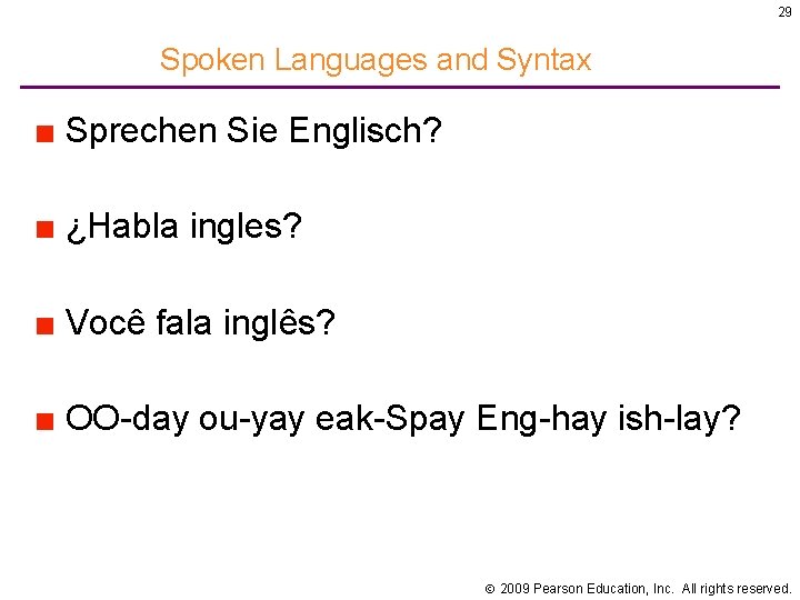 29 Spoken Languages and Syntax ■ Sprechen Sie Englisch? ■ ¿Habla ingles? ■ Você
