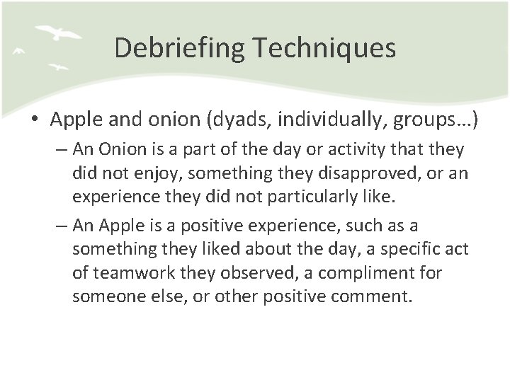 Debriefing Techniques • Apple and onion (dyads, individually, groups…) – An Onion is a
