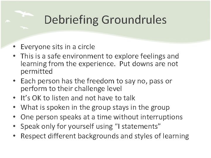 Debriefing Groundrules • Everyone sits in a circle • This is a safe environment