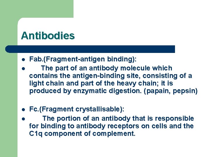 Antibodies l l Fab. (Fragment-antigen binding): The part of an antibody molecule which contains