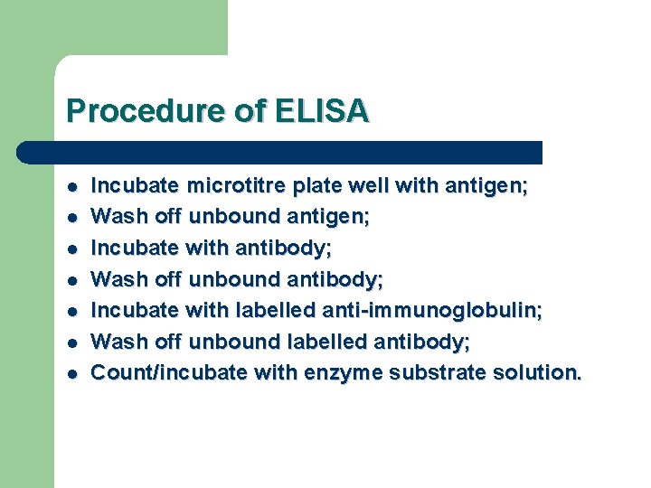 Procedure of ELISA l l l l Incubate microtitre plate well with antigen; Wash