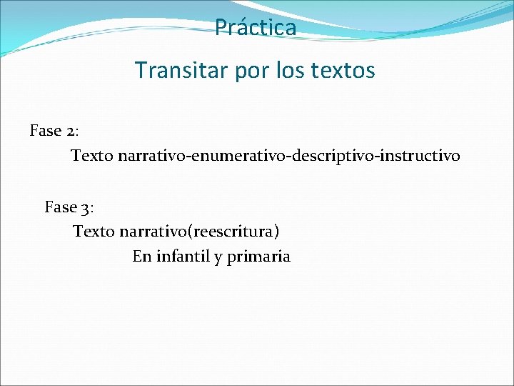 Práctica Transitar por los textos Fase 2: Texto narrativo-enumerativo-descriptivo-instructivo Fase 3: Texto narrativo(reescritura) En