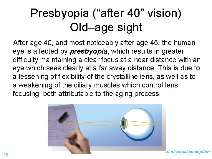 Presbyopia (“after 40” vision) Old–age sight After age 40, and most noticeably after age