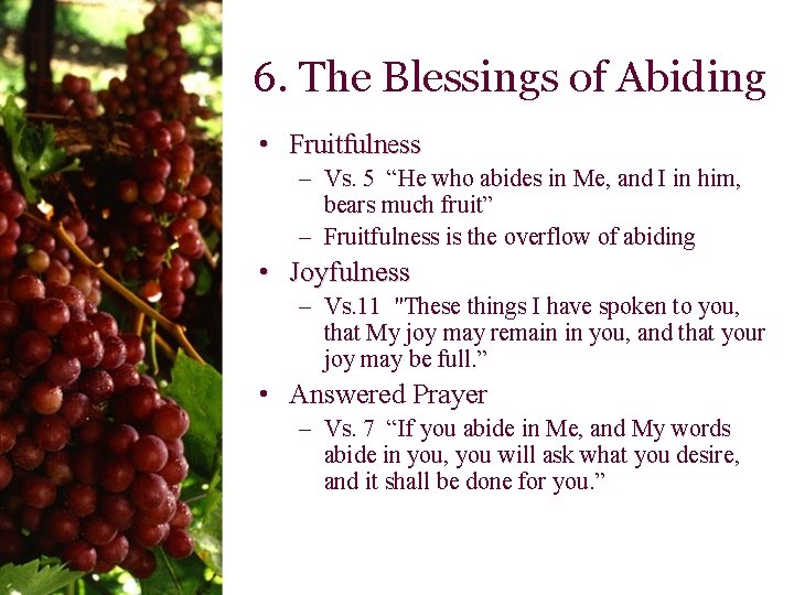 6. The Blessings of Abiding • Fruitfulness – Vs. 5 “He who abides in