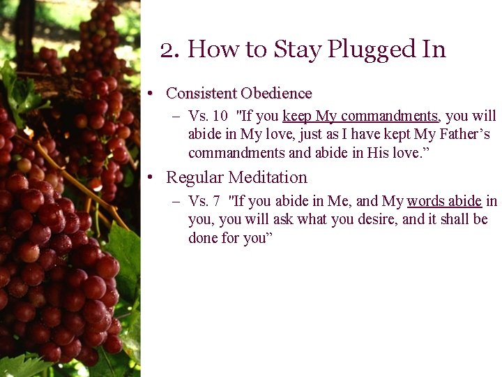 2. How to Stay Plugged In • Consistent Obedience – Vs. 10 "If you