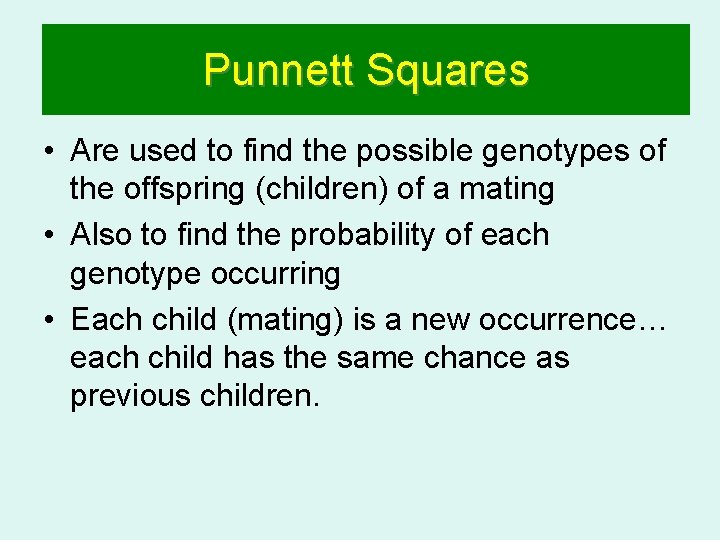 Punnett Squares • Are used to find the possible genotypes of the offspring (children)