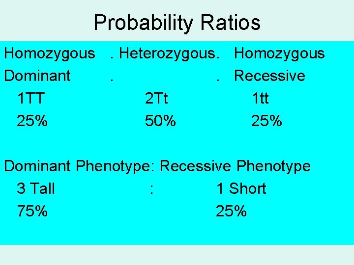 Probability Ratios Homozygous. Heterozygous. Homozygous Dominant. . Recessive 1 TT 2 Tt 1 tt