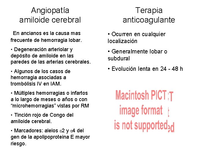 Angiopatía amiloide cerebral Terapia anticoagulante En ancianos es la causa mas frecuente de hemorragia