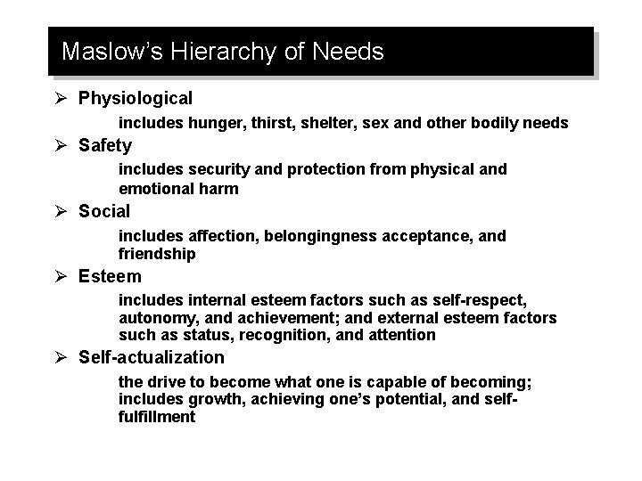 Maslow’s Hierarchy of Needs Ø Physiological includes hunger, thirst, shelter, sex and other bodily
