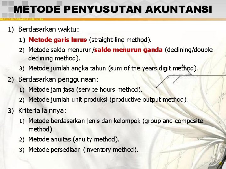 METODE PENYUSUTAN AKUNTANSI 1) Berdasarkan waktu: 1) Metode garis lurus (straight-line method). 2) Metode