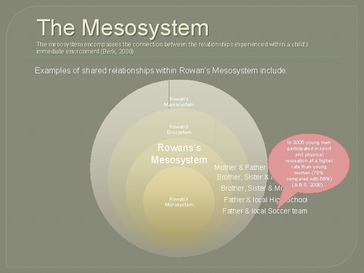 The Mesosystem The mesosystem encompasses the connection between the relationships experienced within a child’s