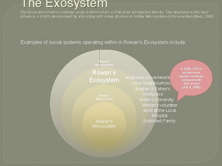 The Exosystem involves external social systems which a child does not function directly. The