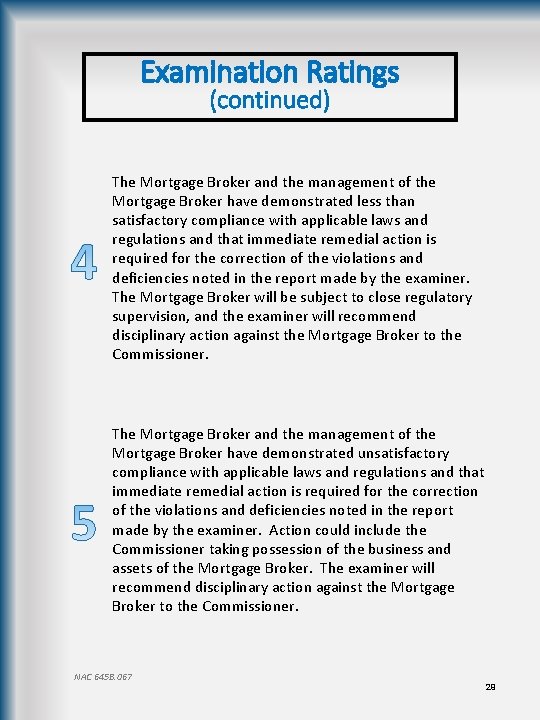 Examination Ratings (continued) The Mortgage Broker and the management of the Mortgage Broker have