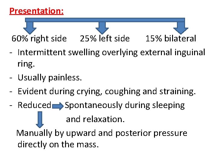Presentation: 60% right side 25% left side 15% bilateral - Intermittent swelling overlying external
