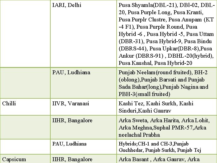 Chilli Capsicum IARI, Delhi Pusa Shyamla(DBL-21), DBl-02, DBL 20, Pusa Purple Long, Pusa Kranti,