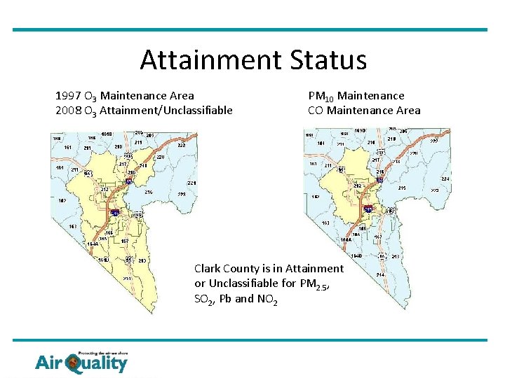 Attainment Status 1997 O 3 Maintenance Area 2008 O 3 Attainment/Unclassifiable PM 10 Maintenance