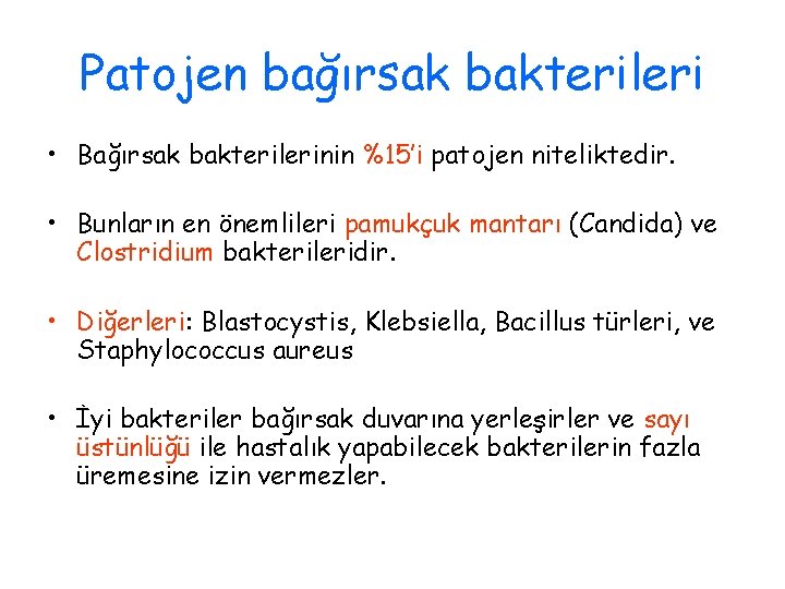 Patojen bağırsak bakterileri • Bağırsak bakterilerinin %15’i patojen niteliktedir. • Bunların en önemlileri pamukçuk